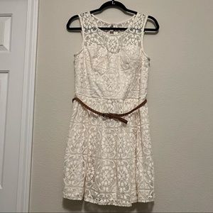 NWT Cream Lace Sleeveless Dress with Tan Skinny Braided Belt Size 13